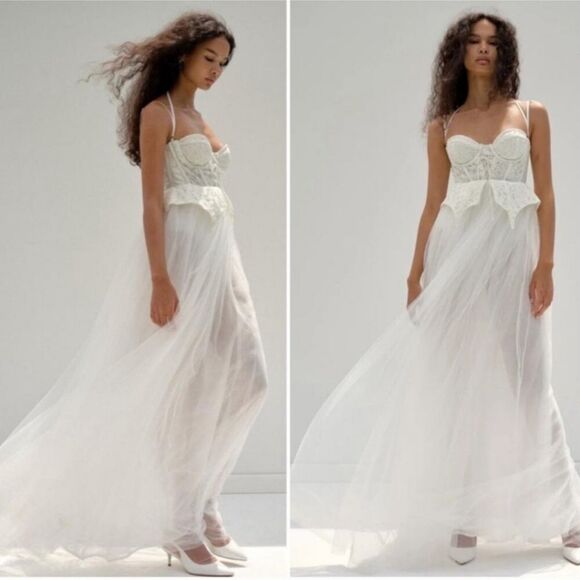 NEW For Love and Lemons x Free People Lily Corset Chiffon Maxi Dress White Small - Picture 3 of 15